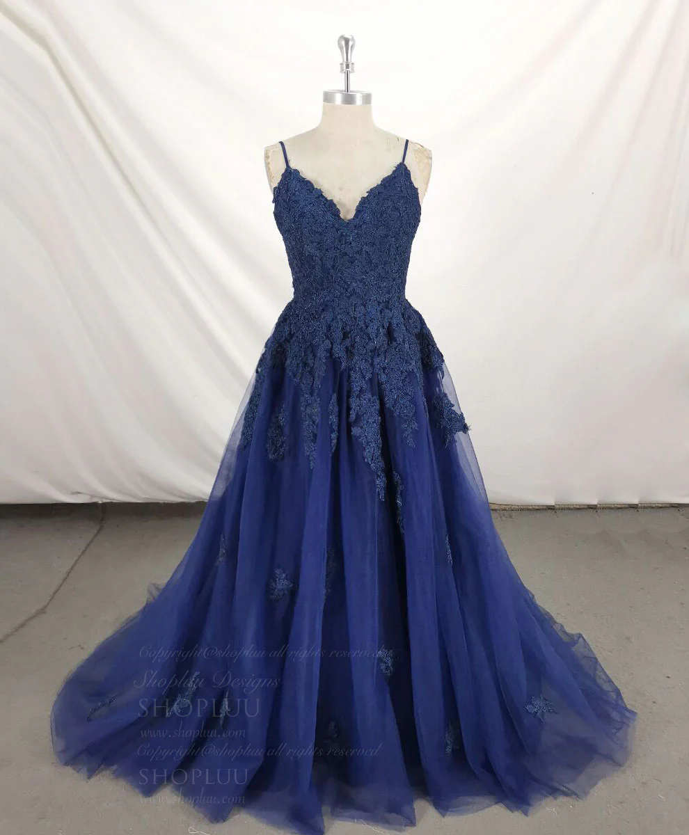 Dark Blue V Neck Tulle Lace Long Prom Dress Blue Lace Bridesmaid Dress - Deanwangkt