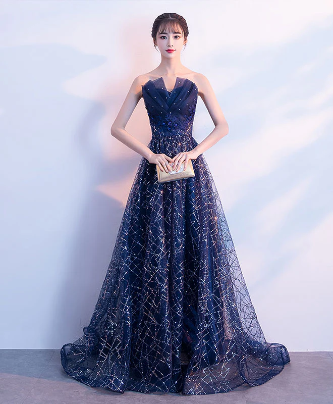 Elegant Blue Lace Tulle Long Prom Dress, Blue Evening Dress - Deanwangkt