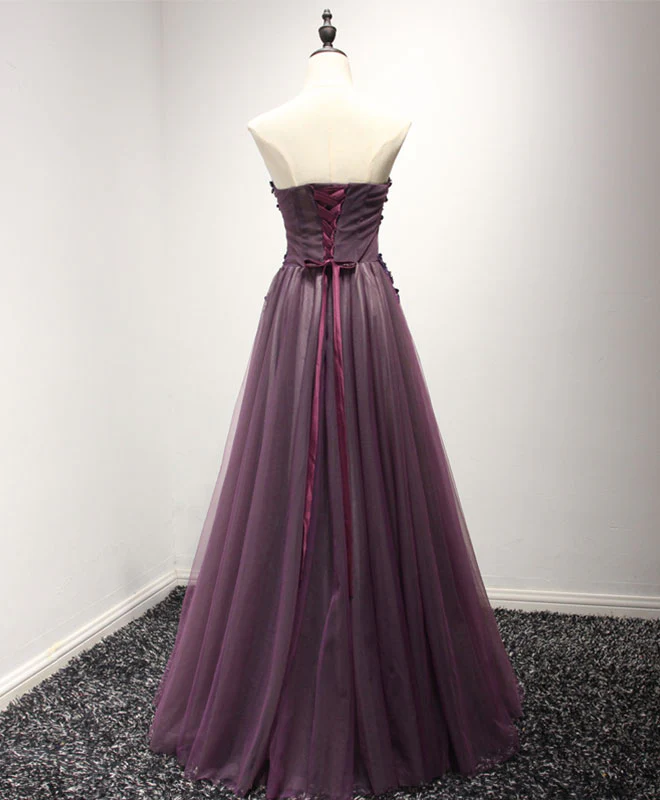 Purple Sweetheart Neck Lace Long Prom Dress, Formal Dress - Deanwangkt