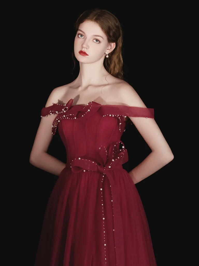 A-Line Tulle Beads Burgundy Long Prom Dress, Burgundy Long Evening Dress - Deanwangkt