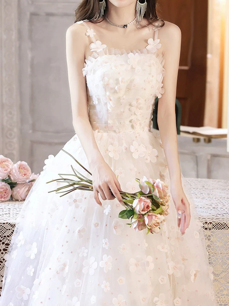 White A-Line Tulle Flower Long Prom Dress, White Formal Evening Dress - Deanwangkt