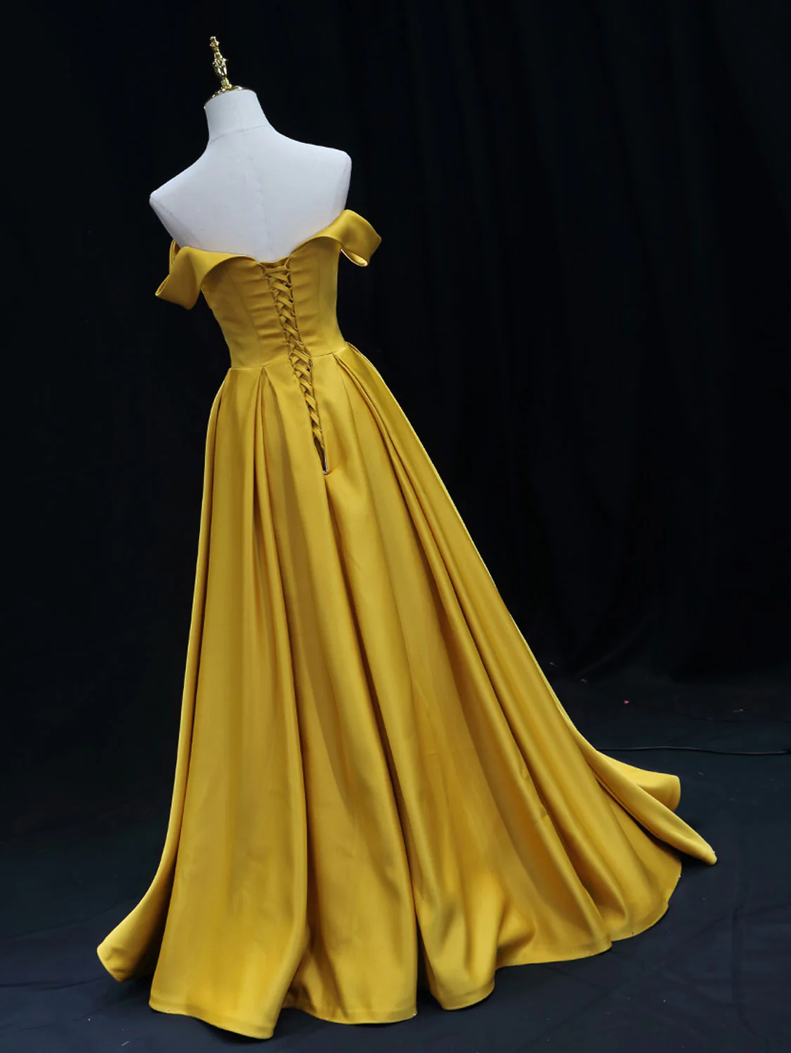 Simple Off Shoulder Yellow Satin Long Prom Dress, Yellow Formal Evening Dress - Deanwangkt