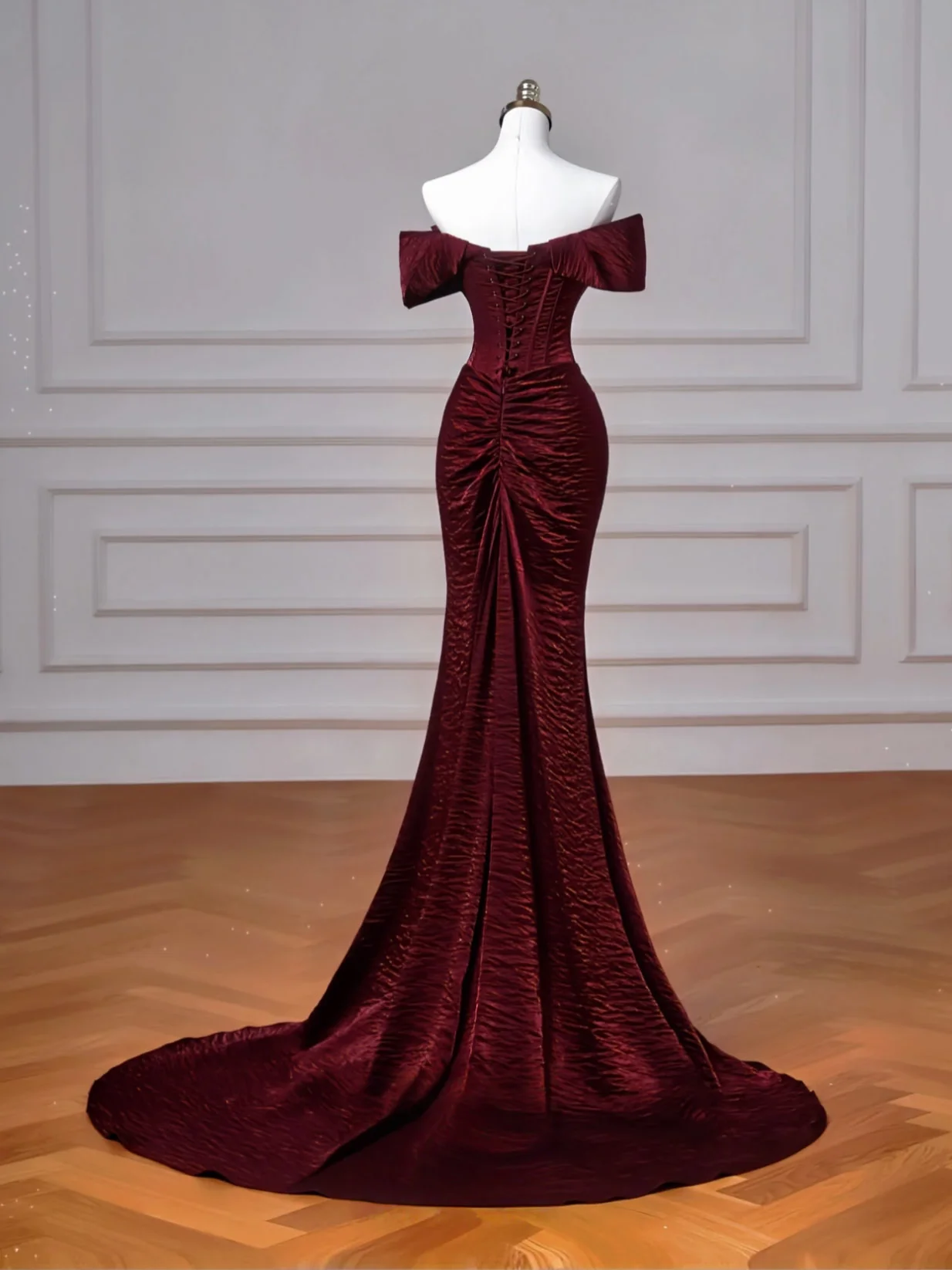 Mermaid Off Shoulder Burgundy Long Prom Dress, Burgundy Long Evening Dress - Deanwangkt