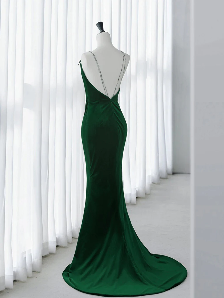 Green Mermaid Velvet Long Prom Dress, Green Long Evening Dress - Deanwangkt