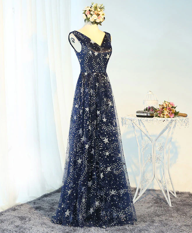 Blue V Neck Long Prom Dress, Blue Evening Dress - Deanwangkt