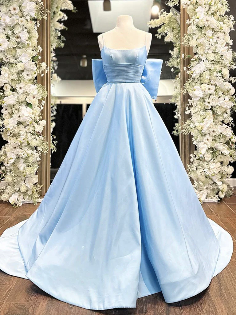 A-Line Satin Blue Long Prom Dress, Blue Long Graduation Dress - Deanwangkt