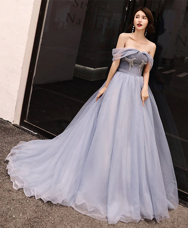 Gray Tulle Long Prom Dress, Gray Evening Dress - Deanwangkt