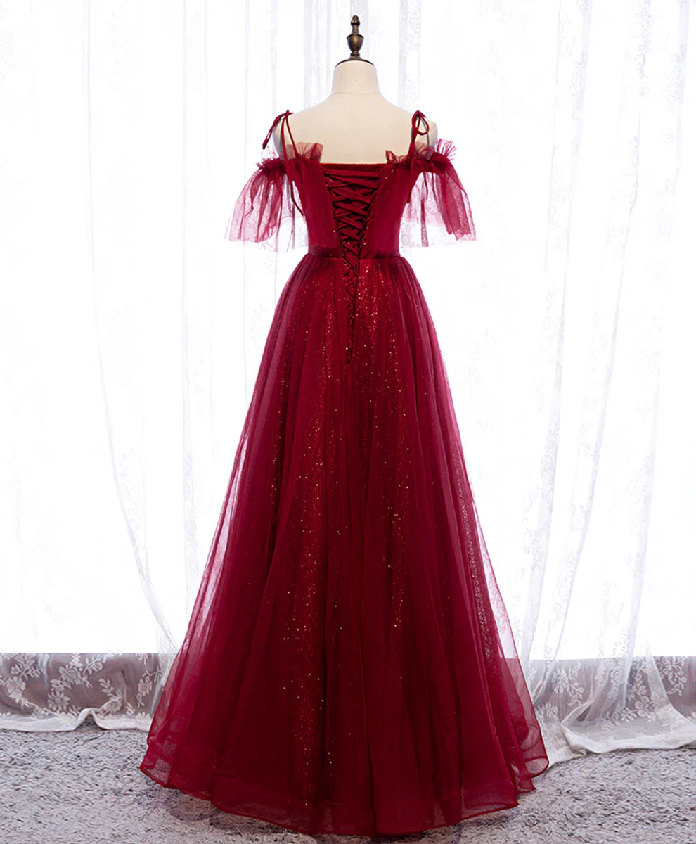 Burgundy Sweetheart Tulle Lace Long Prom Dress Burgundy Formal Dress - Deanwangkt