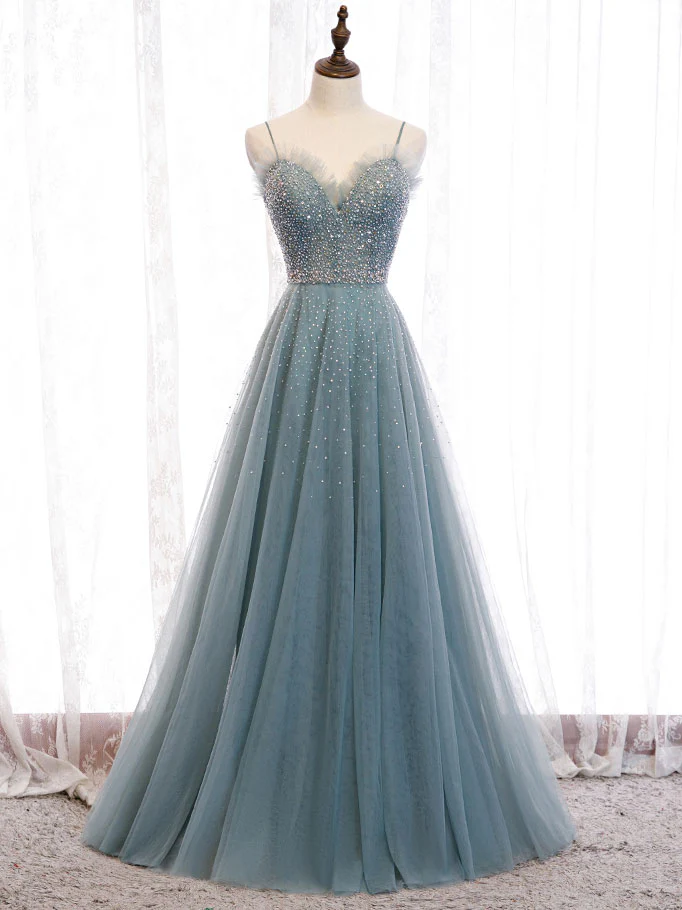 Green Sweetheart Neck Tulle Sequin Long Prom Dress Green Evening Dress - Deanwangkt