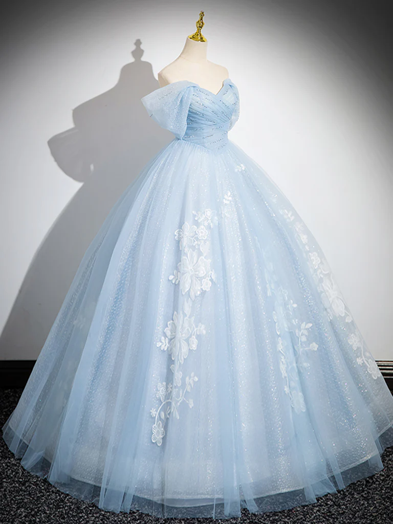 A-Line Tulle Lace Blue Long Prom Dress, Off Shoulder Blue Long Sweet 16 Dress - Deanwangkt