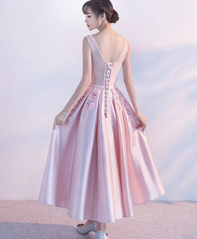 Pink Satin Lace Tea Length Prom Dress, Pink Evening Dress - Deanwangkt
