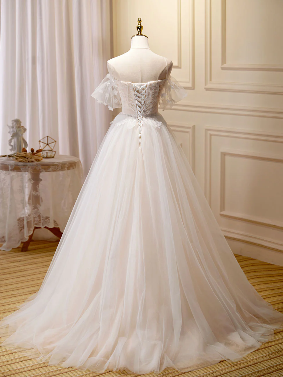A Line Champagne Long Prom Dress, Lace Champagne Long Formal Dresses - Deanwangkt