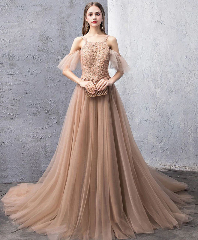 Champagne Tulle Lace Long Prom Dress, Champagne Lace Evening Dress - Deanwangkt