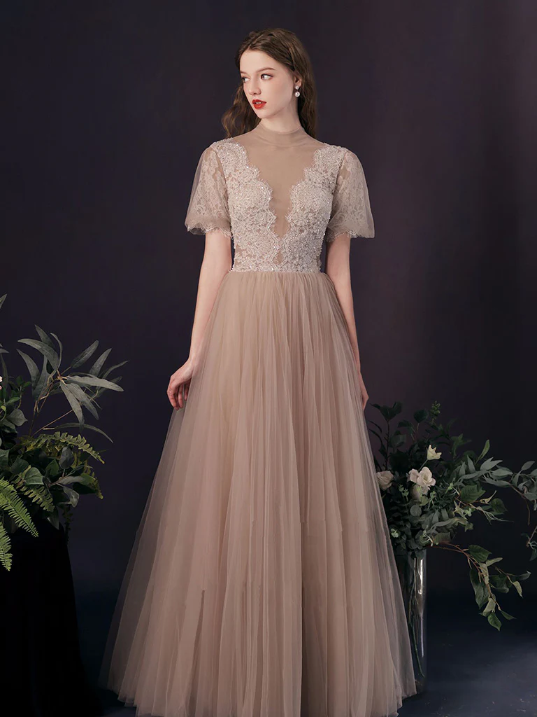 A-Line Tulle Lace Champagne Long Prom Dress, Champagne Long Bridesmaid Dress - Deanwangkt