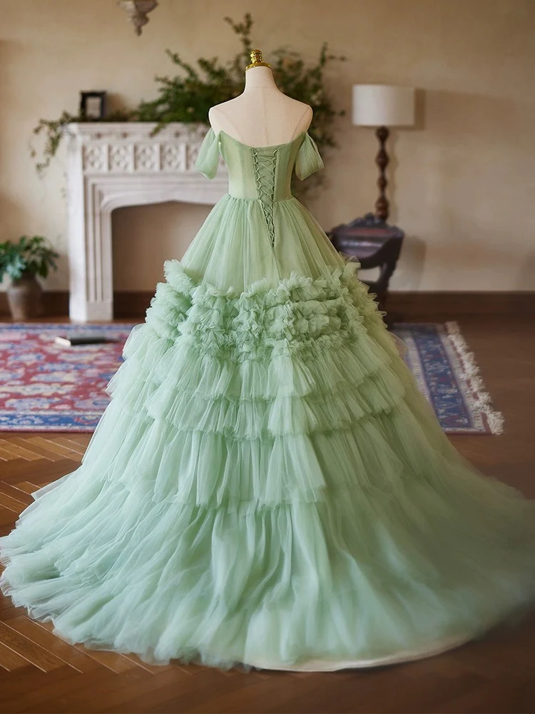 A-Line off Shoulder Tulle Green Long Prom Dress, Green Sweet 16 Dress - Deanwangkt