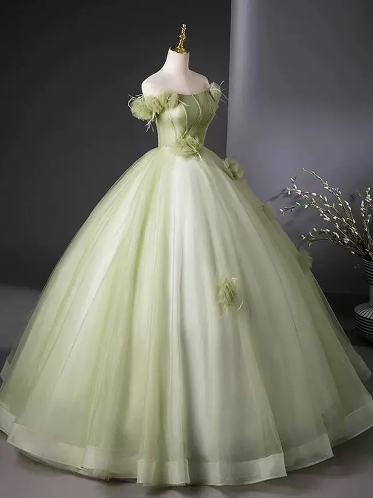 A-Line Off Shoulder Tulle Green Long Prom Dress, Green Long Evening Dress - Deanwangkt
