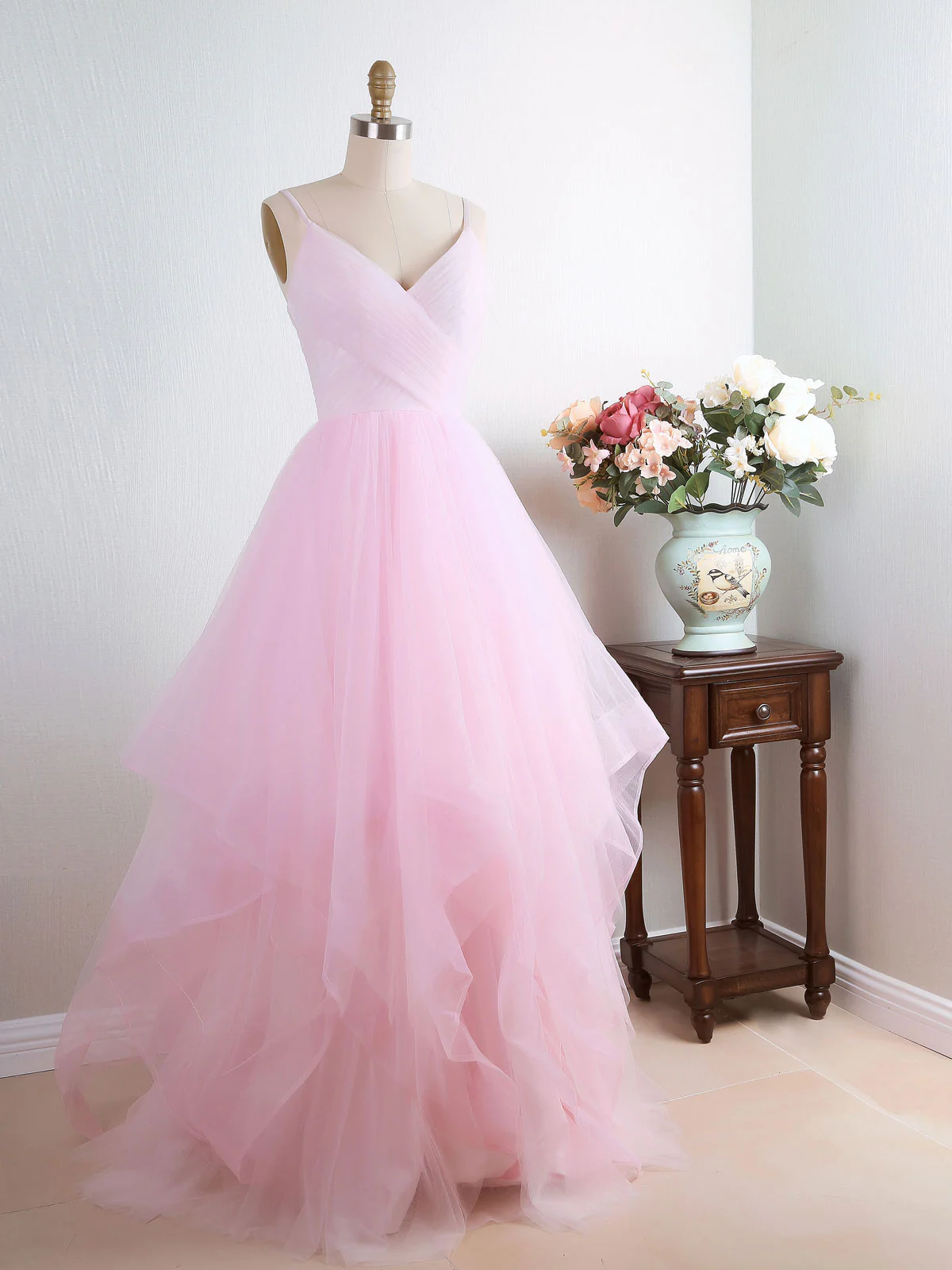 Pink Tulle Long Prom Dress, Pink Tulle Formal Graduation Dress - Deanwangkt