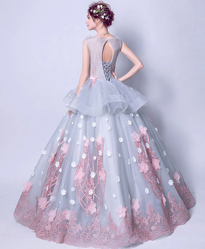 Unique Round Neck Tulle Lace Long Prom Dress, Gray Evening Dress - Deanwangkt