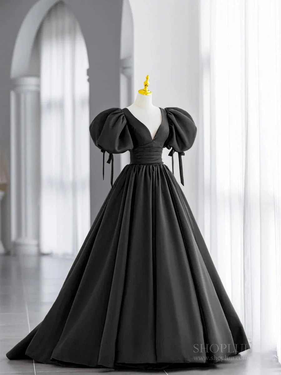 Simple V Neck Puffy Sleeves Satin Long Prom Dress, Satin Evening Dress - Deanwangkt