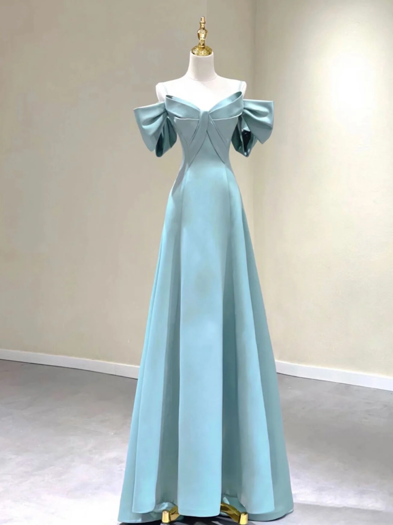 A-Line V Neck Satin Blue Long Prom Dress, Blue Formal Evening Dresses - Deanwangkt