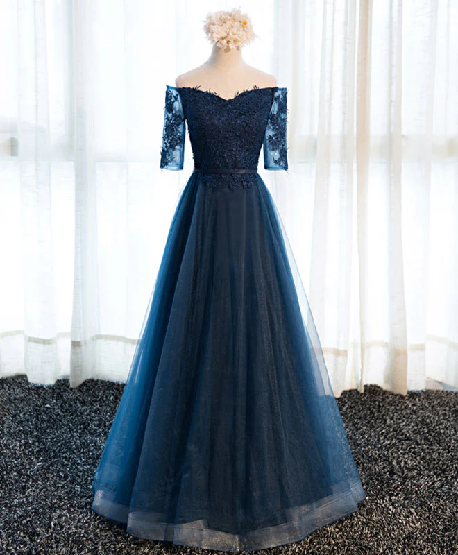 Dark Blue Lace Tulle Long Prom Dress, Lace Evening Dress - Deanwangkt