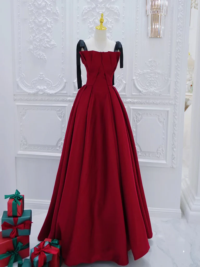 A-Line Burgundy Satin Long Prom Dress, Burgundy Long Formal Dress - Deanwangkt