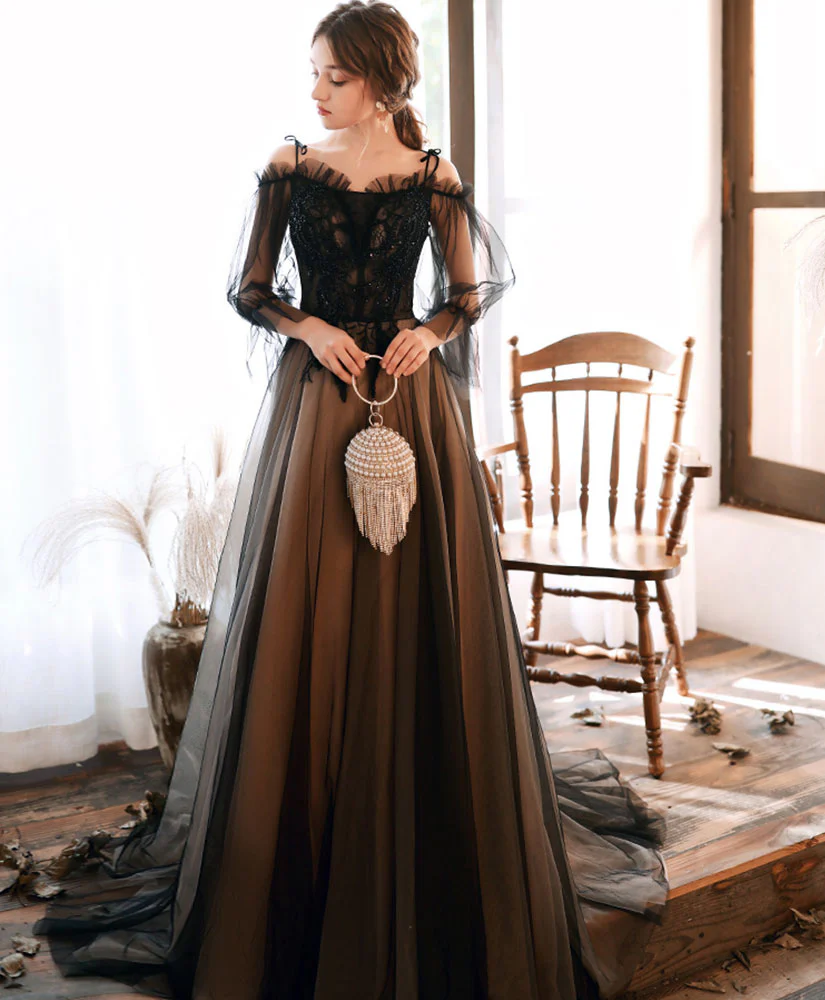 Black Tulle Lace Long Prom Dress Black Lace Evening Dress - Deanwangkt