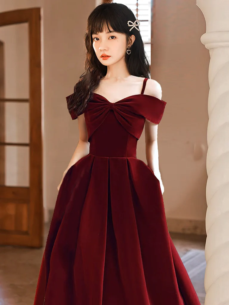 Simple Off Shoulder A-Line Tea Length Velvet Burgundy Prom Dress - Deanwangkt