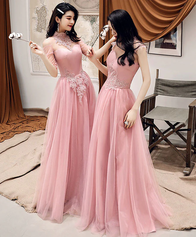 Pink Tulle Lace Long Prom Dress, Pink Tulle Lace Bridesmaid Dress - Deanwangkt