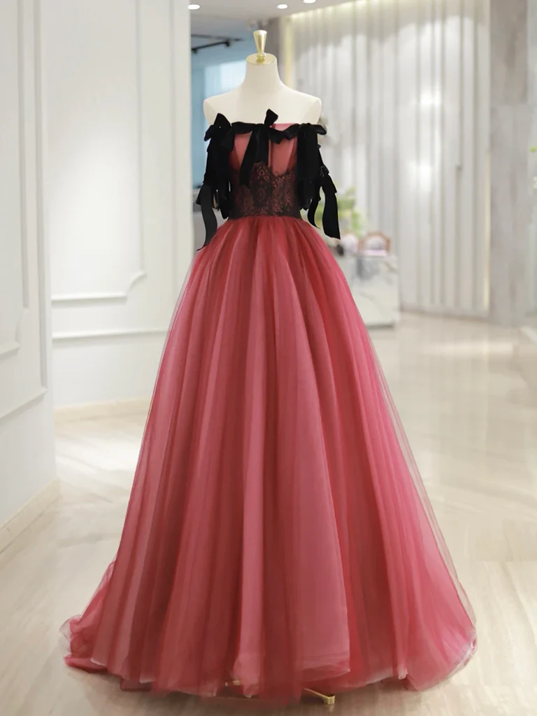 A-Line Tulle Watermelon Red Long Prom Dress, Watermelon Red Tulle Long Formal Dress - Deanwangkt