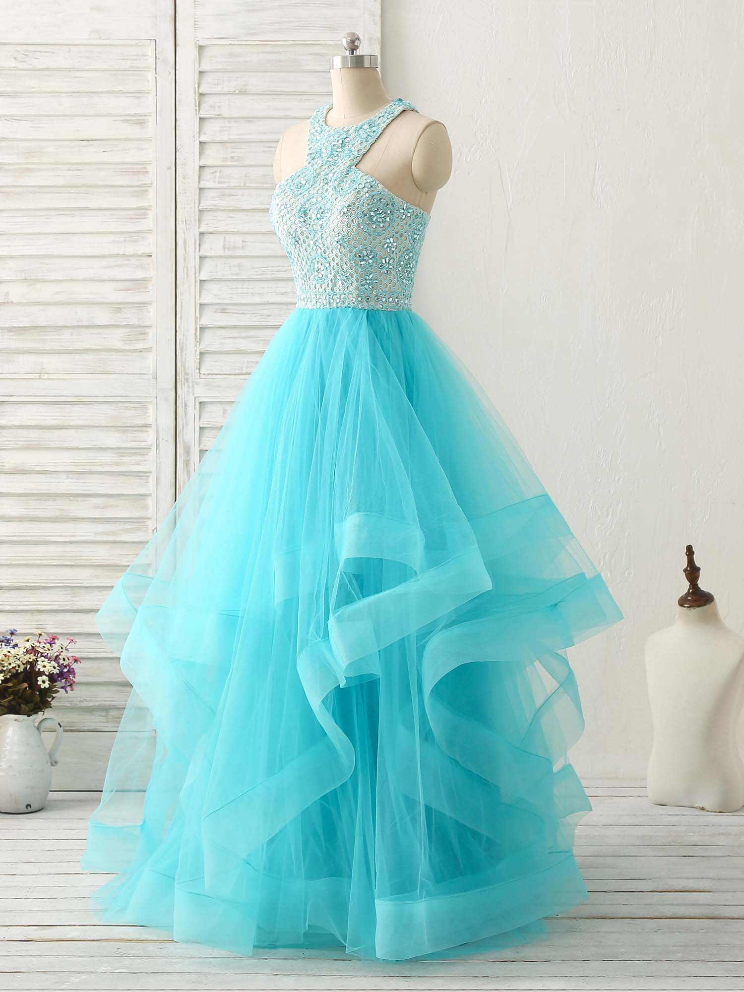 Blue High Neck Tulle Long Prom Dress Blue Evening Dress - Deanwangkt