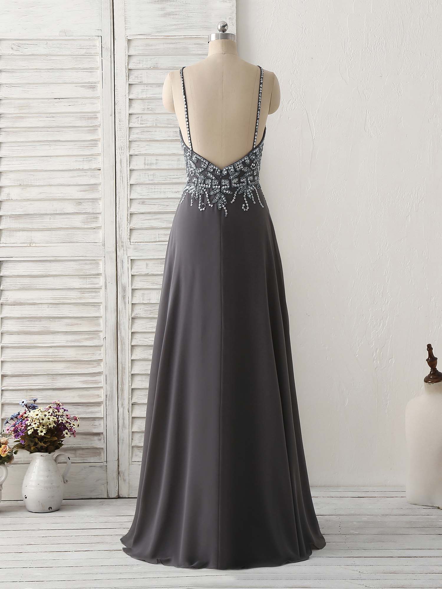 Dark Gray Sequin Beads Long Prom Dress Backless Evening Dress - Deanwangkt