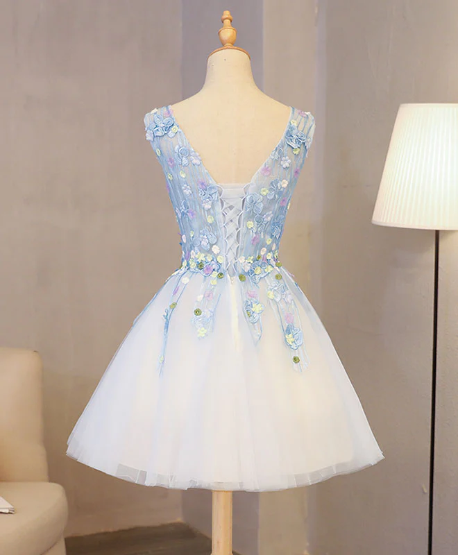 Cute Blue Lace Applique Short Prom Dress, Homecoming Dress - Deanwangkt