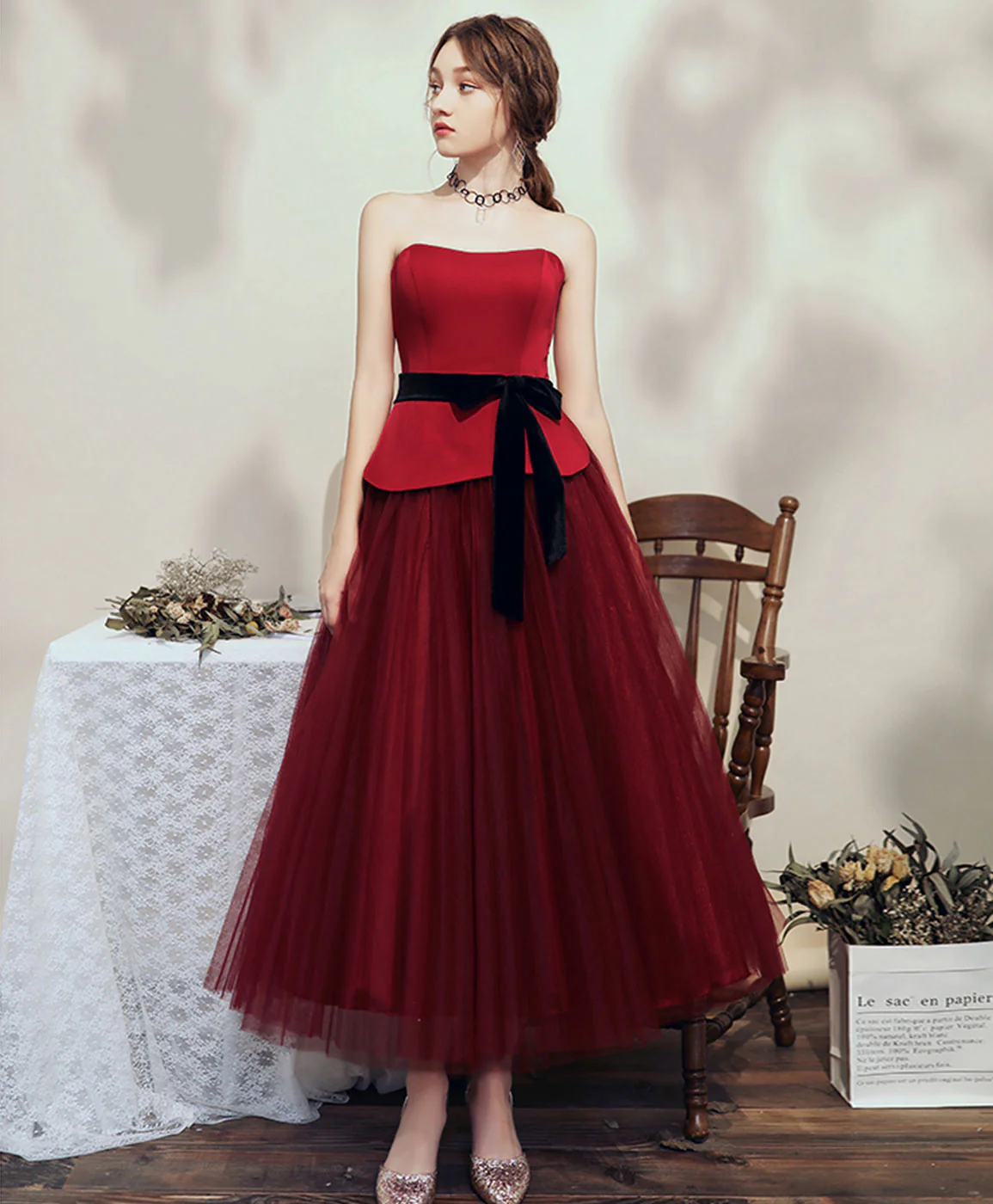 Simple Burgundy Tulle Tea Length Short Prom Dress Bridesmaid Dress - Deanwangkt