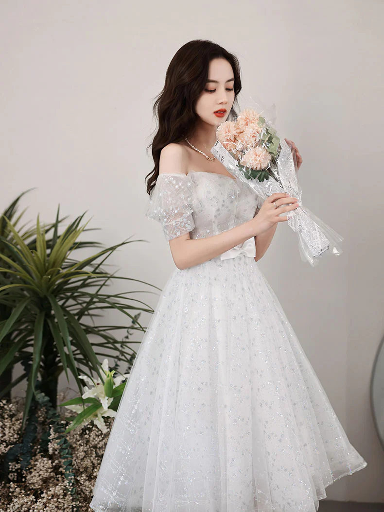 Gray White Lace Short Prom Dress White Tulle Lace Homecoming Dress - Deanwangkt