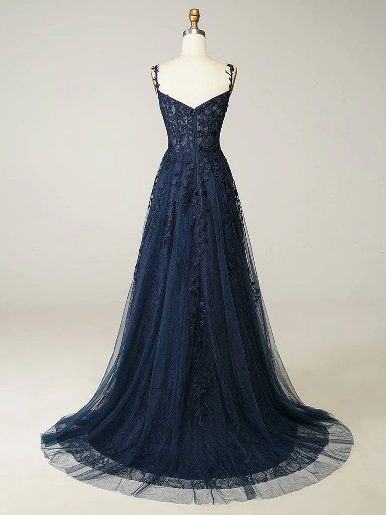 A-Line Sweetheart Neck Tulle Lace Dark Blue Long Prom Dress, Dark Blue Long Formal Dress - Deanwangkt