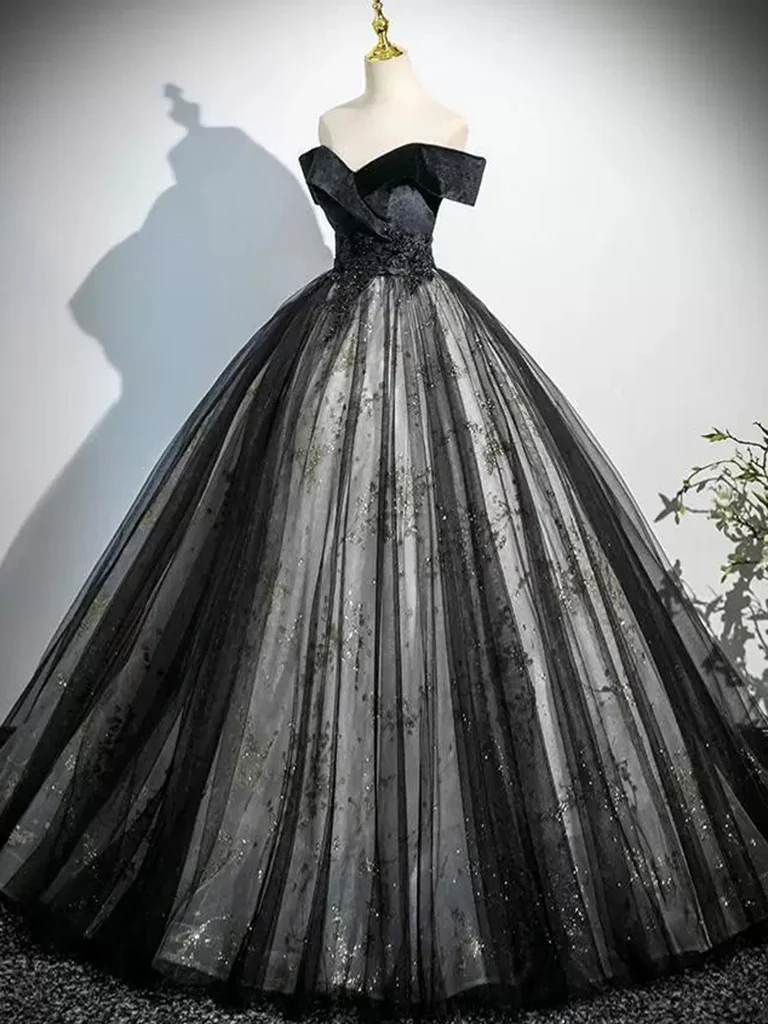A-Line Off Shoulder Tulle Lace Black Long Prom Dress, Black Long Evening Dress - Deanwangkt