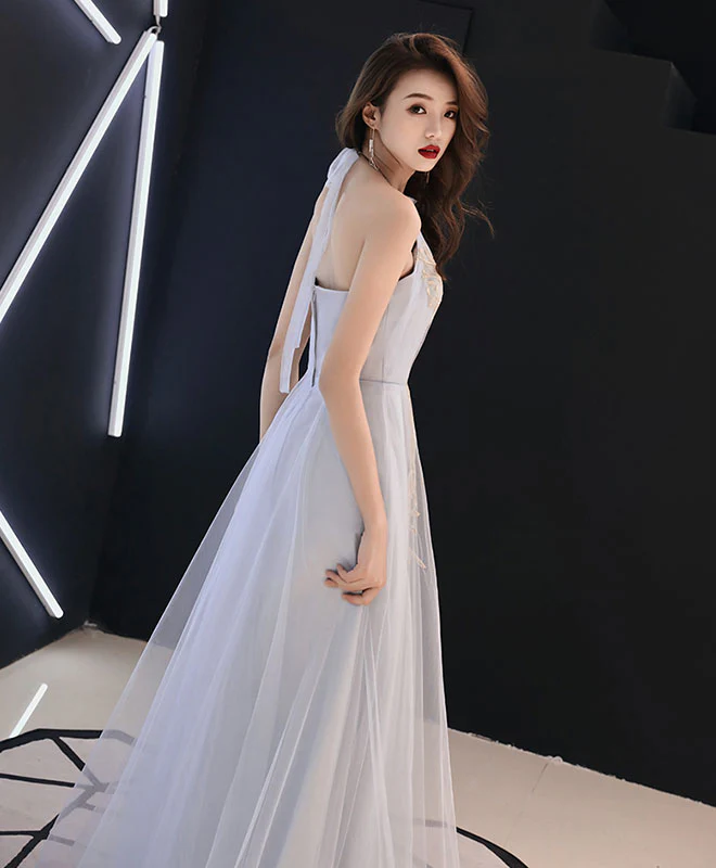 Gray Tulle Lace Long Prom Dress, Gray Tulle Evening Dress - Deanwangkt