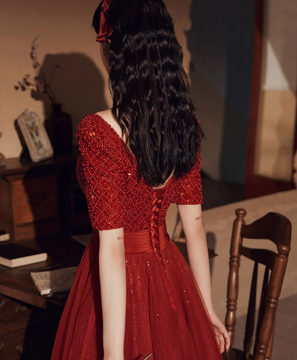 Burgundy Aline Beading Long Prom Dress, Burgundy Tulle Formal Dress - Deanwangkt