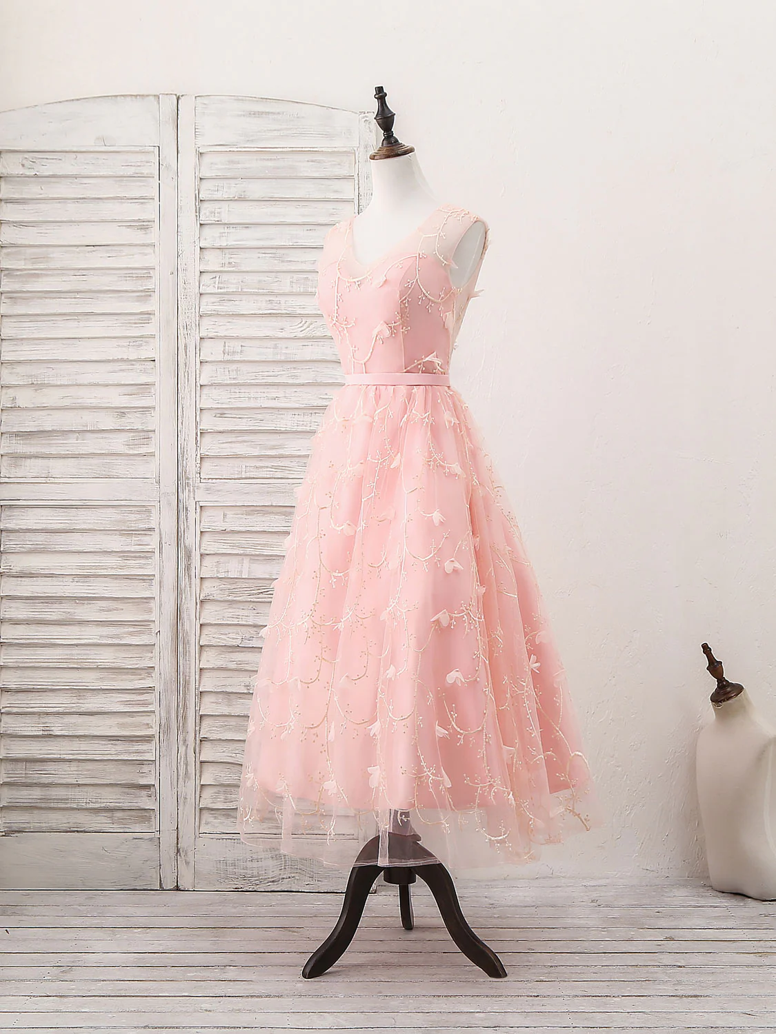 Pink Tulle Lace Tea Length Prom Dress, Pink Homecoming Dress - Deanwangkt