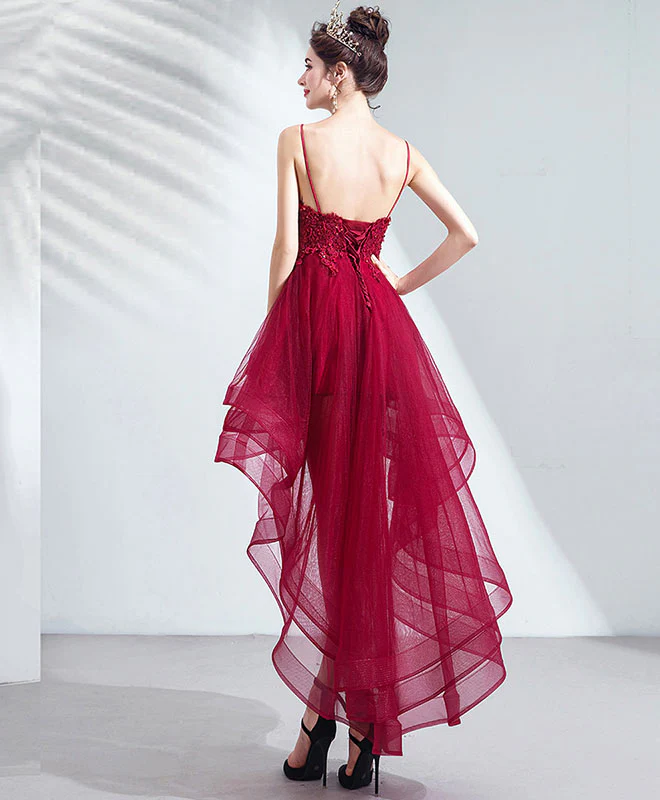 Burgundy Tulle Lace High Low Prom Dress Lace Homecoming Dress - Deanwangkt