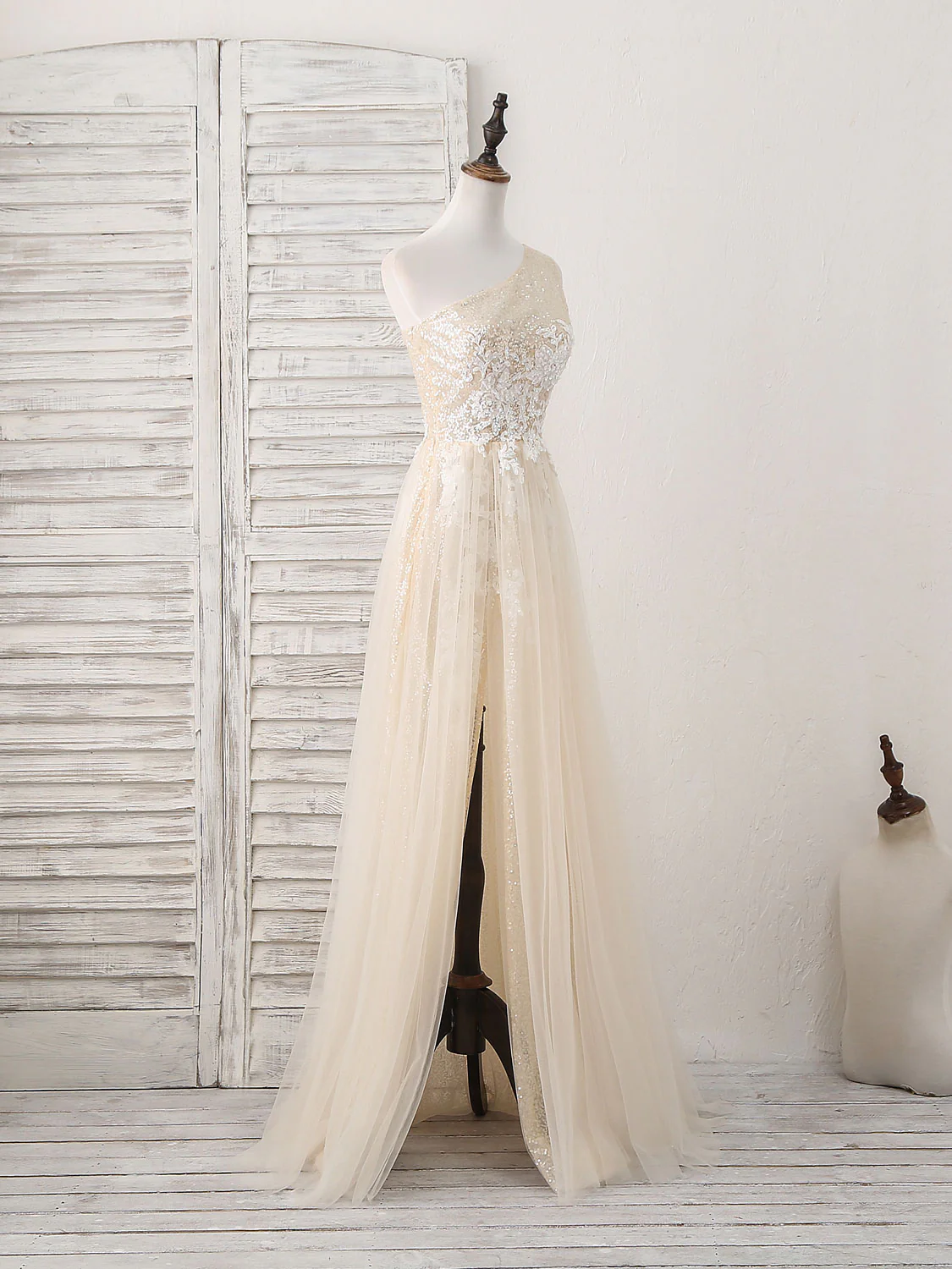 Unique Champagne Tulle Sequin Long Prom Dress, Champagne Evening Dress - Deanwangkt