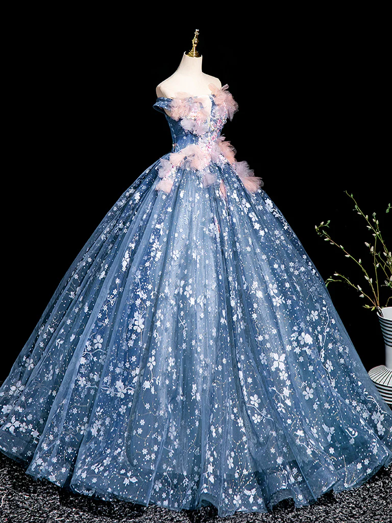 A-Line Off Shoulder Tulle Lace Gray Blue Long Prom Dress, Gray Blue Long Formal Dress - Deanwangkt