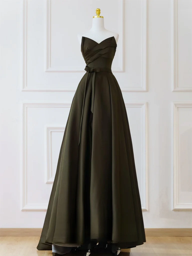 A-Line V Neck Satin Olive Green Long Prom Dress, Satin Long Formal Dress - Deanwangkt