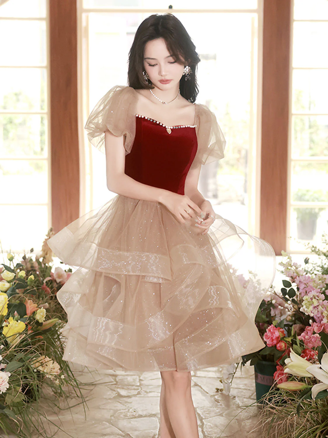 Champagne/Burgundy Tulle Short Prom Dress, Champagne/Burgundy Homecoming Dress - Deanwangkt