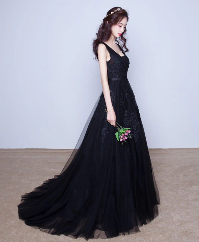 Black V Neck Tulle Lace Prom Dress, Lace Evening Dress - Deanwangkt