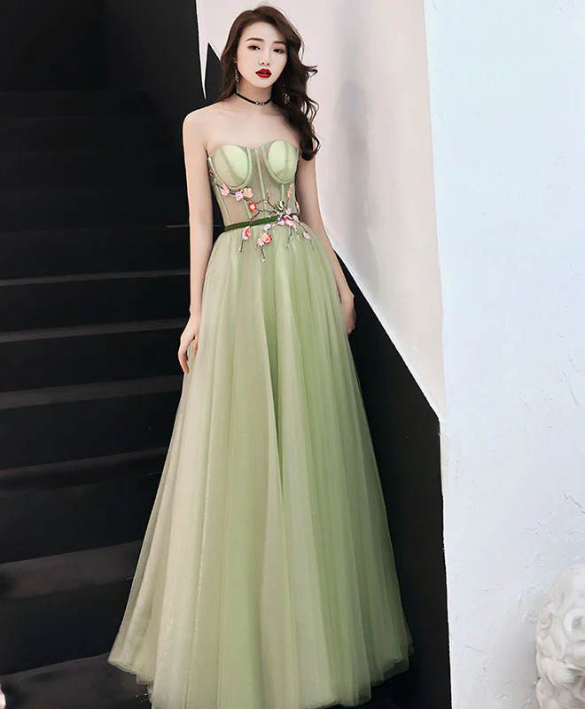 Simple Sweetheart Neck Tulle Long Prom Dress, Green Evening Dress - Deanwangkt