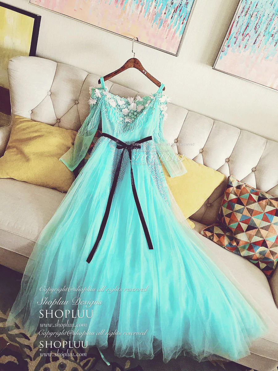 Blue Tulle Beads Long Prom Dress Blue Beads Evening Dress - Deanwangkt