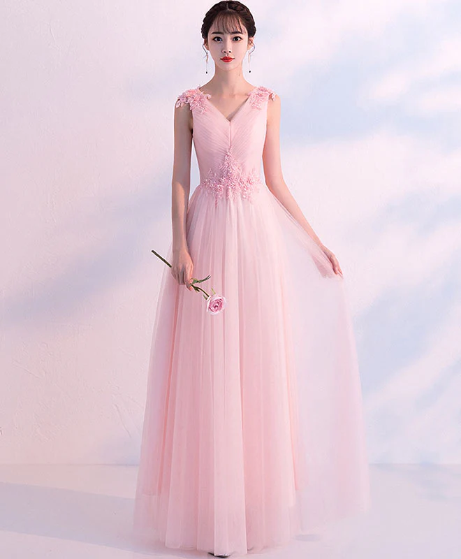 Pink V Neck Tulle Long Prom Dress, Pink Tulle Bridesmaid Dress - Deanwangkt