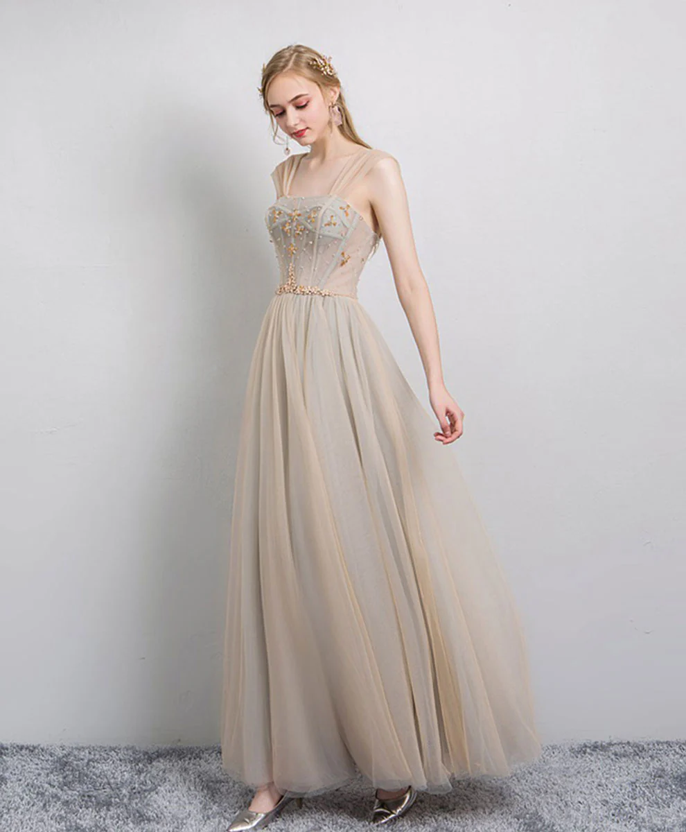 Champagne Tulle Long Prom Dress, Champagne Tulle Evening Dress - Deanwangkt